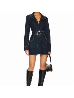 Show Me Your Mumu Outlaw Mini Shirt Dress Womens M Blue Belted Zip Front